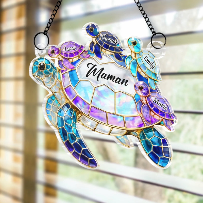 Ornement Suncatcher de Fenêtre Personnalisé – Cadeau pour Maman – Famille De Tortues Chaudes