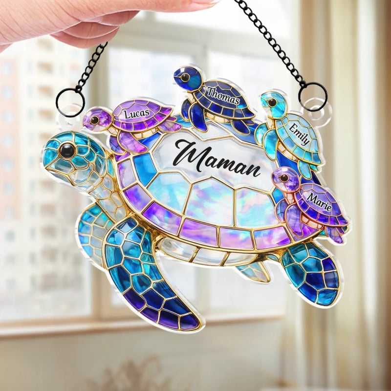 Ornement Suncatcher de Fenêtre Personnalisé – Cadeau pour Maman – Famille De Tortues Chaudes