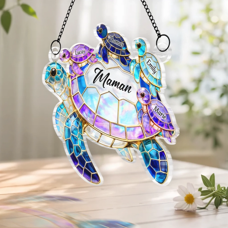 Ornement Suncatcher de Fenêtre Personnalisé – Cadeau pour Maman – Famille De Tortues Chaudes