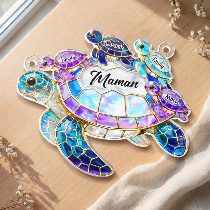 Ornement Suncatcher de Fenêtre Personnalisé – Cadeau pour Maman – Famille De Tortues Chaudes