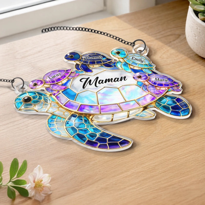 Ornement Suncatcher de Fenêtre Personnalisé – Cadeau pour Maman – Famille De Tortues Chaudes