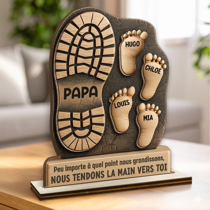 Plaque en Bois 2 Couches Personnalisée avec Support – Cadeau Fête des Pères pour Papa, Papi – Tes pas ont guidé notre chemin