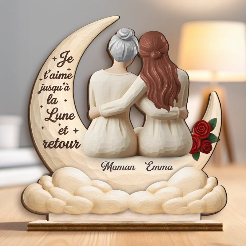 Plaque en Bois 2 Couches Personnalisée avec Support – Cadeau pour Maman, Grand-mère – Je t’aime jusqu’à la Lune et retour