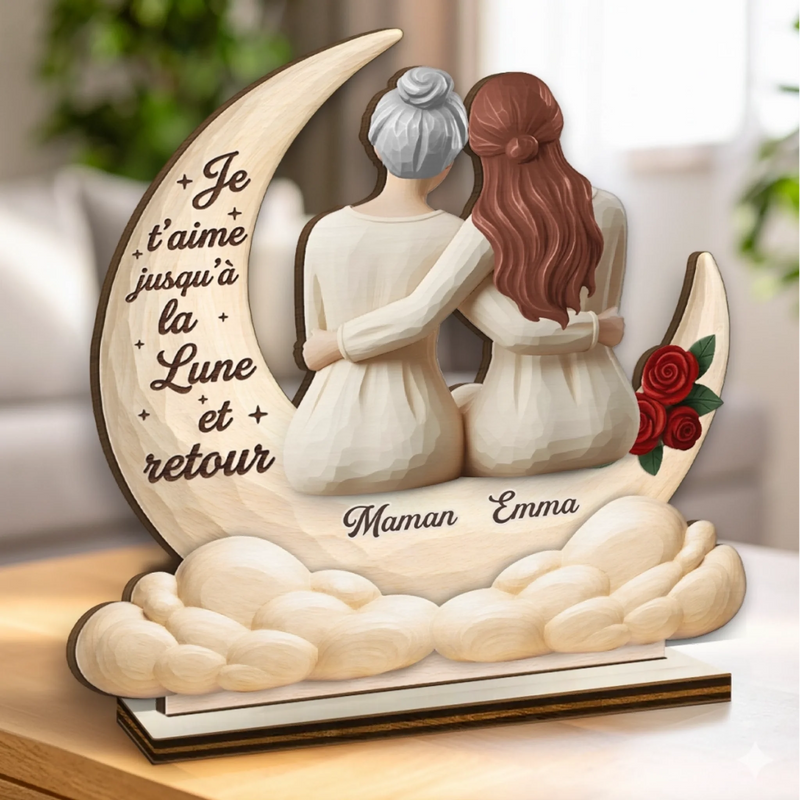 Plaque en Bois 2 Couches Personnalisée avec Support – Cadeau pour Maman, Grand-mère – Je t’aime jusqu’à la Lune et retour