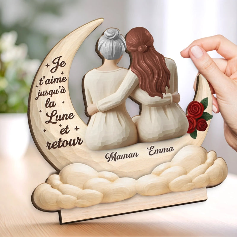Plaque en Bois 2 Couches Personnalisée avec Support – Cadeau pour Maman, Grand-mère – Je t’aime jusqu’à la Lune et retour