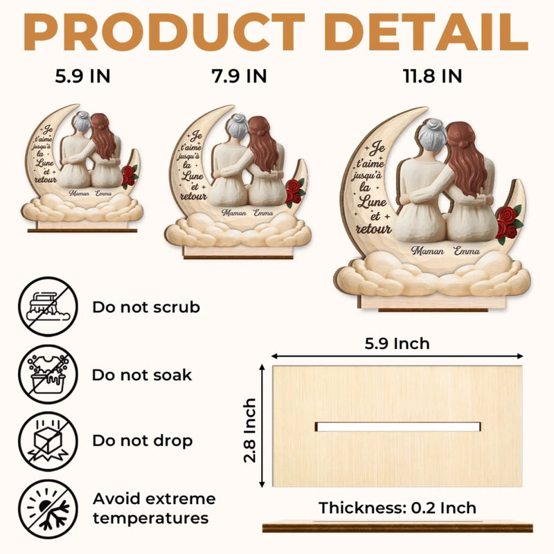 Plaque en Bois 2 Couches Personnalisée avec Support – Cadeau pour Maman, Grand-mère – Je t’aime jusqu’à la Lune et retour