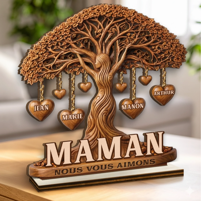 Plaque en Bois 2 Couches Personnalisée avec Support – Cadeau pour Maman, Grand-mère – Merci Maman