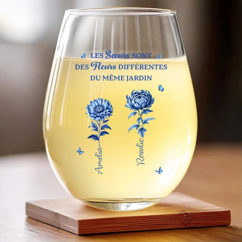 Verre À Vin Personnalisé – Cadeau pour Sœeurs, Amies – Des Fleurs Différentes, Une Amitié Éternelle