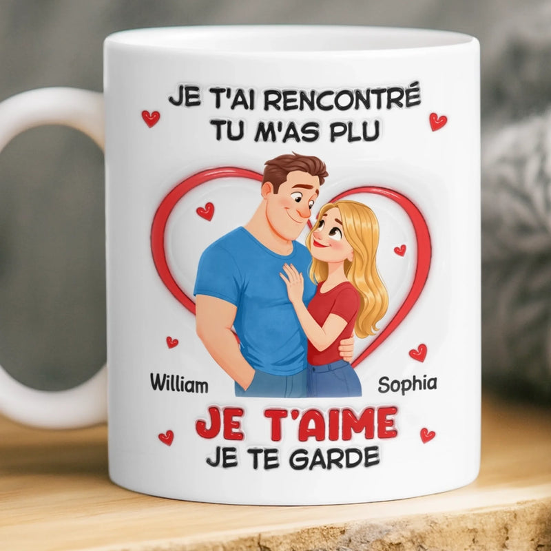 Mug Personnalisé À Effet Imprimé 3D Gonflé – Cadeau Pour Couple – Je t'aime, Je te garde