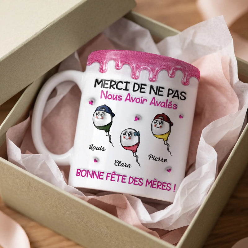 Mug Personnalisé À Effet Imprimé 3D Gonflé –  Cadeau Fête des Mères – Cadeau Humoristiques pour Maman – Ma mère m'a donné naissance