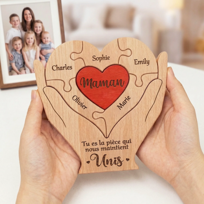 Puzzle Artistique en Bois Personnalisé – Cadeau pour Famille – Unis Es La Pièce Qui Nous Maintient