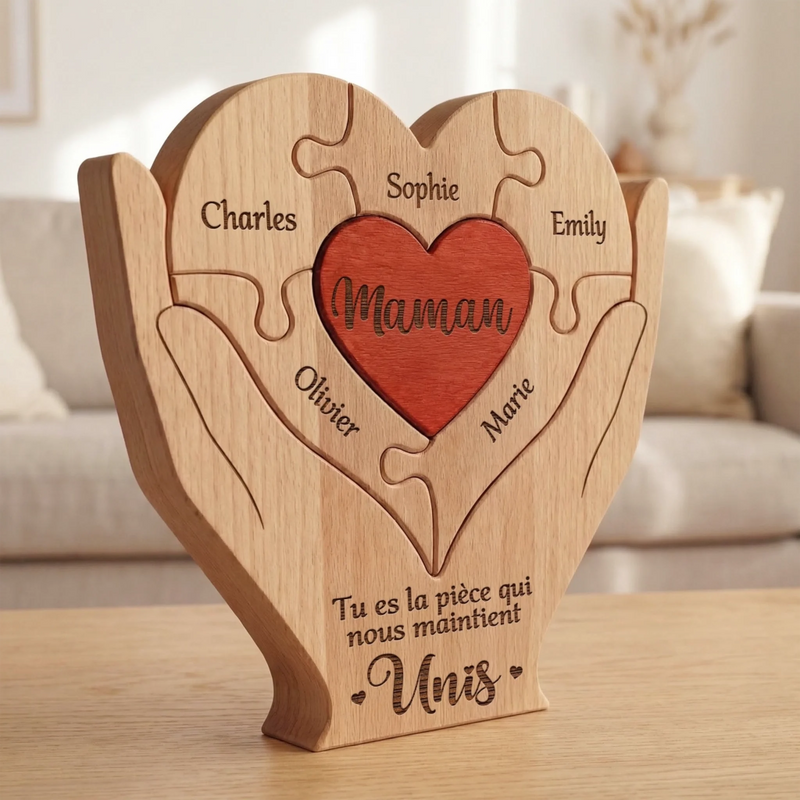 Puzzle Artistique en Bois Personnalisé – Cadeau pour Famille – Unis Es La Pièce Qui Nous Maintient