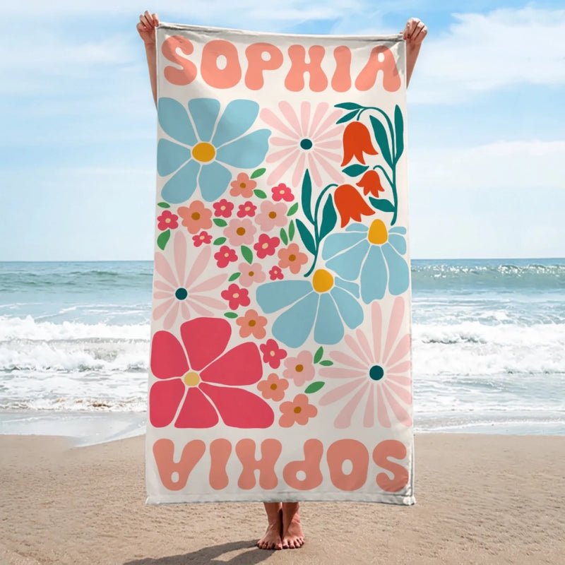 Serviette de Plage Personnalisée – Cadeau pour Toi-même – J'aime Les Fleurs et La Mer