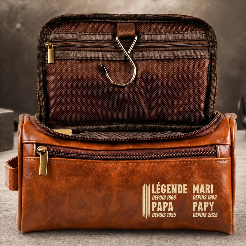 Trousse de toilette en cuir gravée personnalisée – Cadeau pour Papy, Papa – Toujours une légende
