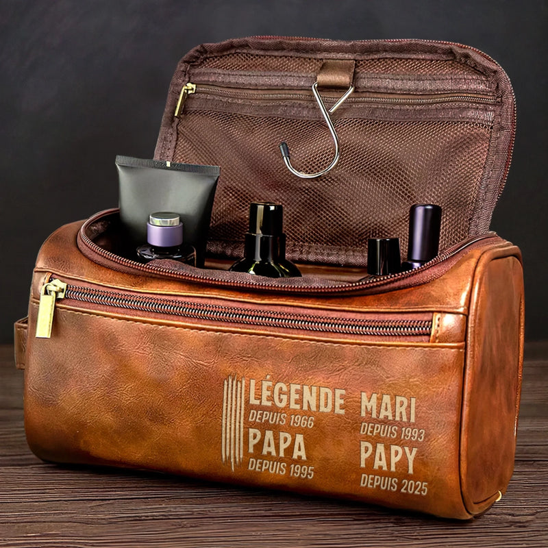 Trousse de toilette en cuir gravée personnalisée – Cadeau pour Papy, Papa – Toujours une légende