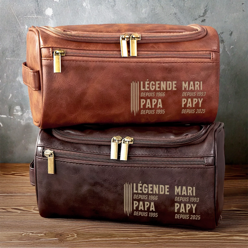 Trousse de toilette en cuir gravée personnalisée – Cadeau pour Papy, Papa – Toujours une légende