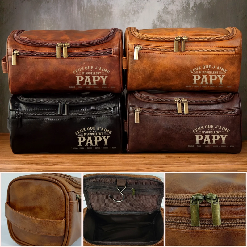 Trousse de toilette en cuir gravée personnalisée – Cadeau pour Papy, Papa – Un papa fort