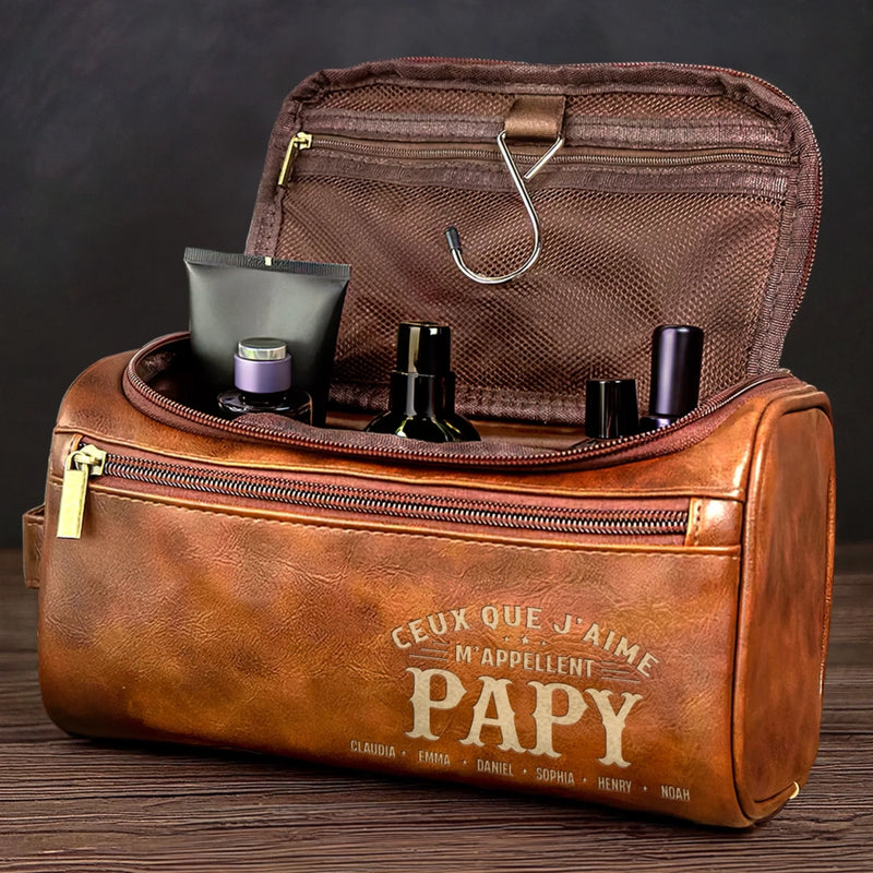 Trousse de toilette en cuir gravée personnalisée – Cadeau pour Papy, Papa – Un papa fort