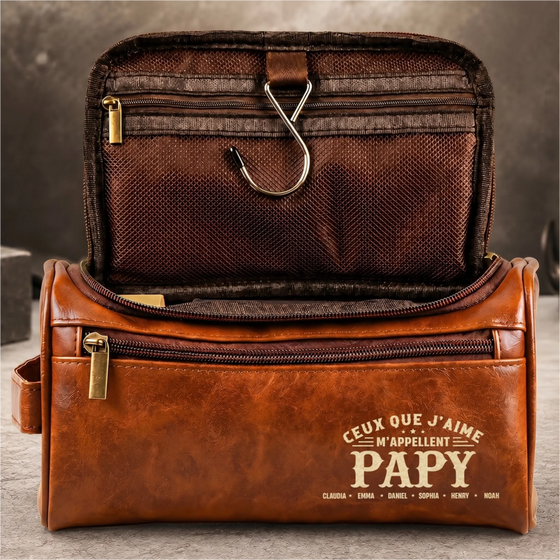 Trousse de toilette en cuir gravée personnalisée – Cadeau pour Papy, Papa – Un papa fort