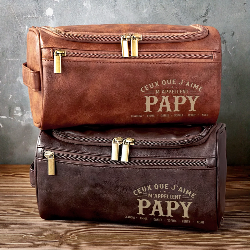 Trousse de toilette en cuir gravée personnalisée – Cadeau pour Papy, Papa – Un papa fort