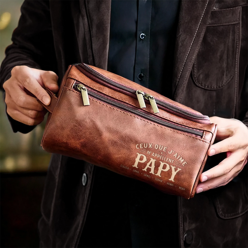 Trousse de toilette en cuir gravée personnalisée – Cadeau pour Papy, Papa – Un papa fort