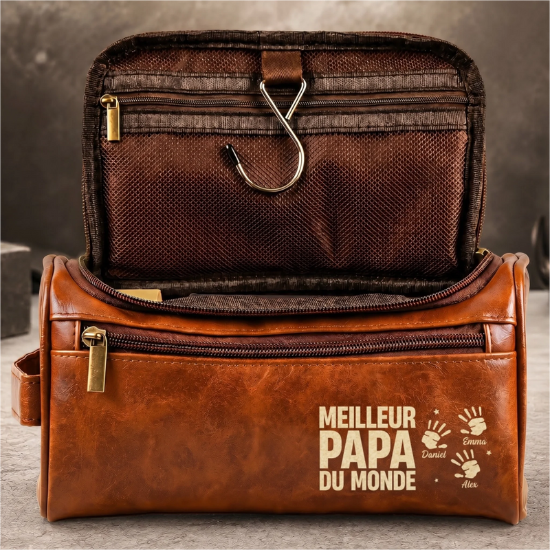 Trousse de toilette en cuir gravée personnalisée – Cadeau pour Papy, Papa – Légende pour toujours