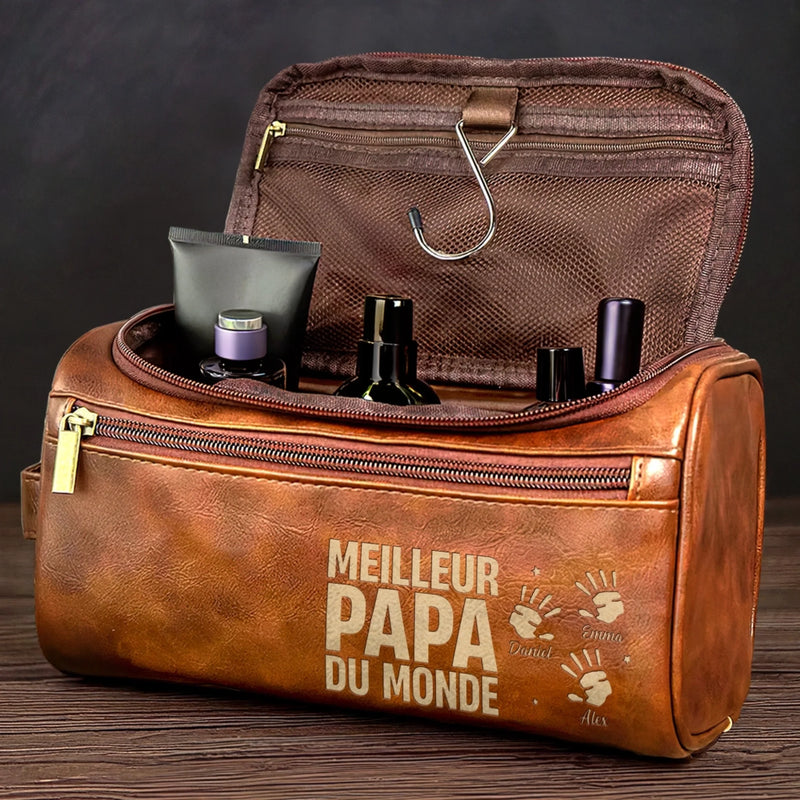 Trousse de toilette en cuir gravée personnalisée – Cadeau pour Papy, Papa – Légende pour toujours