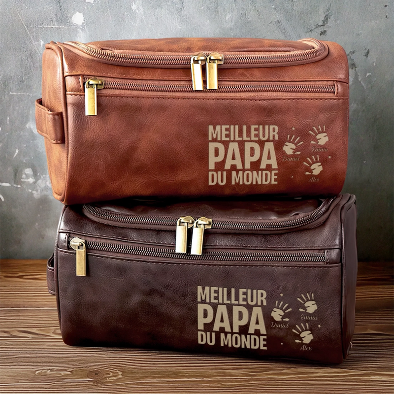 Trousse de toilette en cuir gravée personnalisée – Cadeau pour Papy, Papa – Légende pour toujours
