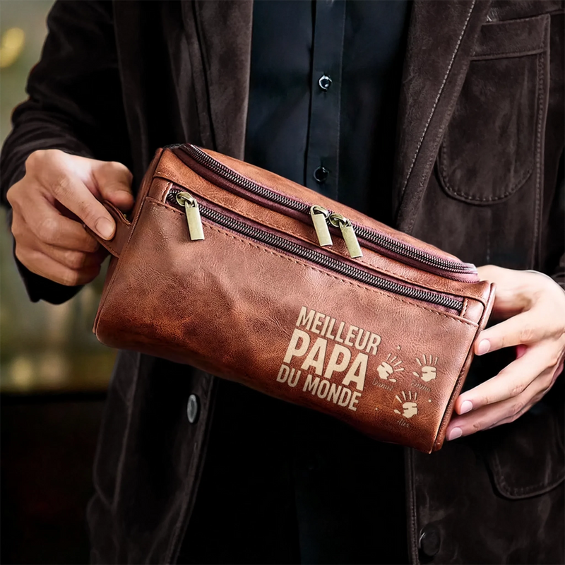 Trousse de toilette en cuir gravée personnalisée – Cadeau pour Papy, Papa – Légende pour toujours
