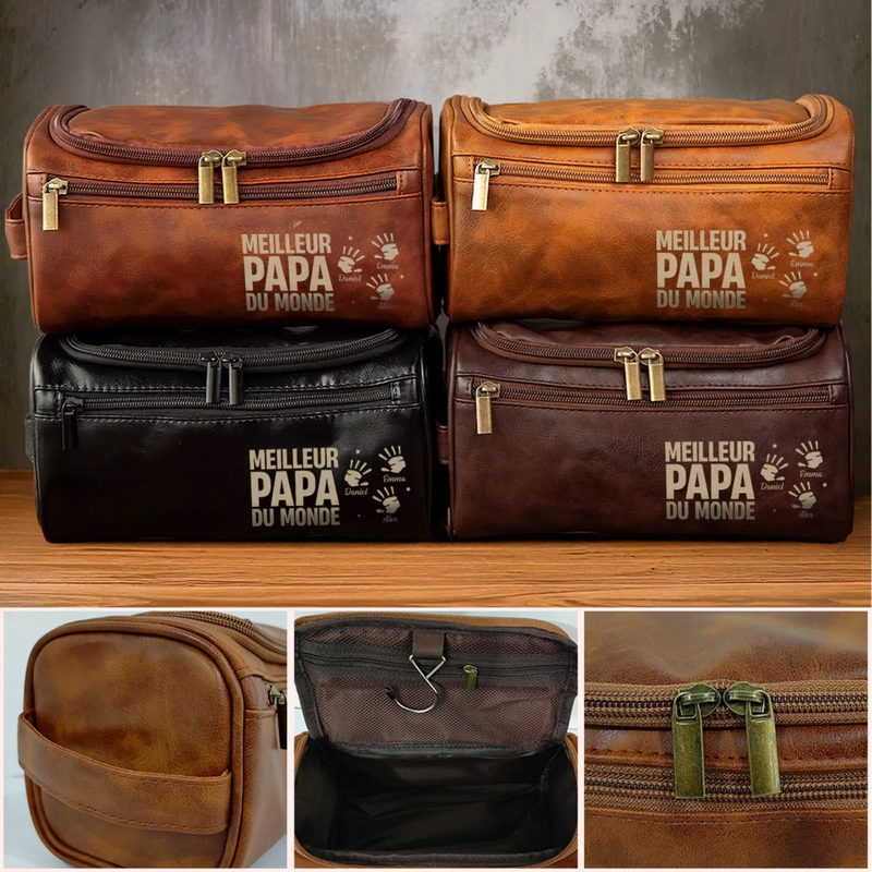 Trousse de toilette en cuir gravée personnalisée – Cadeau pour Papy, Papa – Légende pour toujours