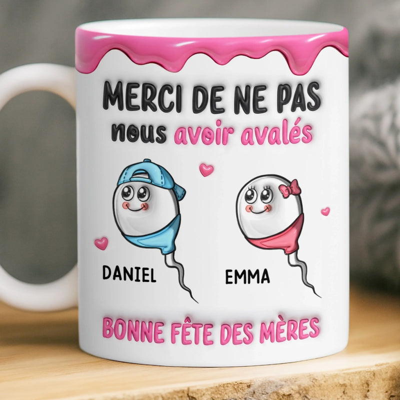 Mug Personnalisé À Effet Imprimé 3D Gonflé –  Cadeau Fête des Mères – Cadeau Humoristiques pour Maman – Merci De Nous Avoir Gardés