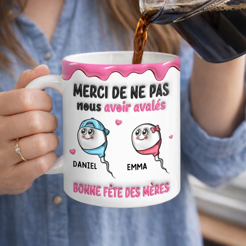 Mug Personnalisé À Effet Imprimé 3D Gonflé –  Cadeau Fête des Mères – Cadeau Humoristiques pour Maman – Merci De Nous Avoir Gardés