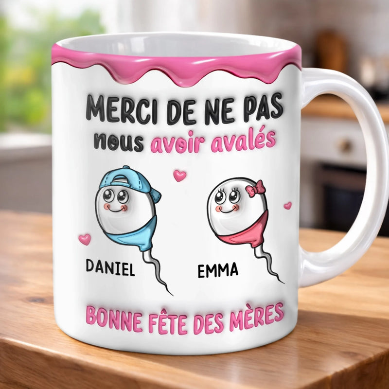 Mug Personnalisé À Effet Imprimé 3D Gonflé –  Cadeau Fête des Mères – Cadeau Humoristiques pour Maman – Merci De Nous Avoir Gardés
