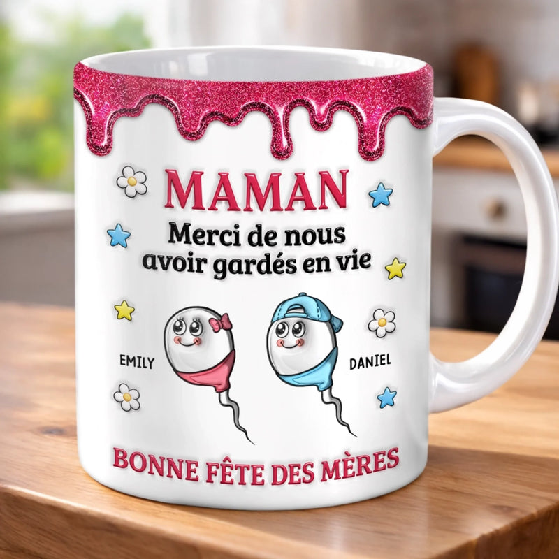 Mug Personnalisé à Effet 3D Gonflé – Cadeau Fête des Mères – Cadeau Humoristiques pour Maman – Merci De Nous Avoir Sauvés