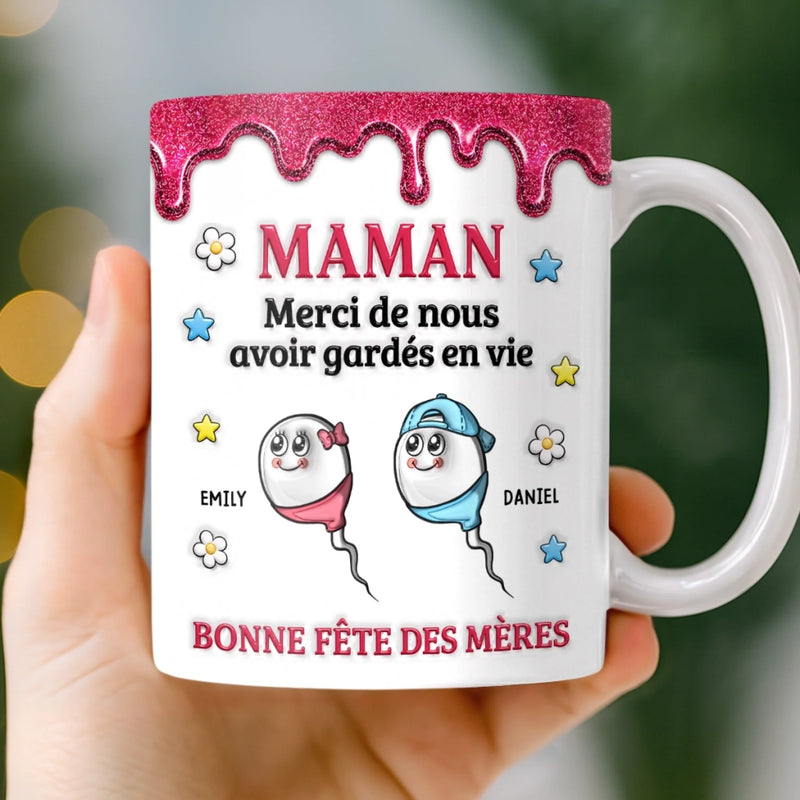 Mug Personnalisé à Effet 3D Gonflé – Cadeau Fête des Mères – Cadeau Humoristiques pour Maman – Merci De Nous Avoir Sauvés