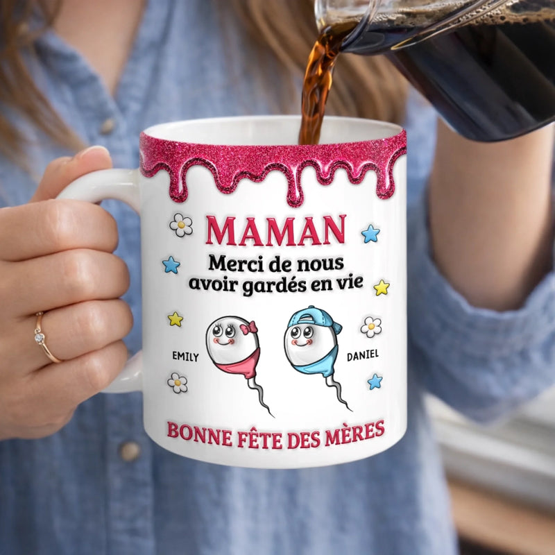 Mug Personnalisé à Effet 3D Gonflé – Cadeau Fête des Mères – Cadeau Humoristiques pour Maman – Merci De Nous Avoir Sauvés