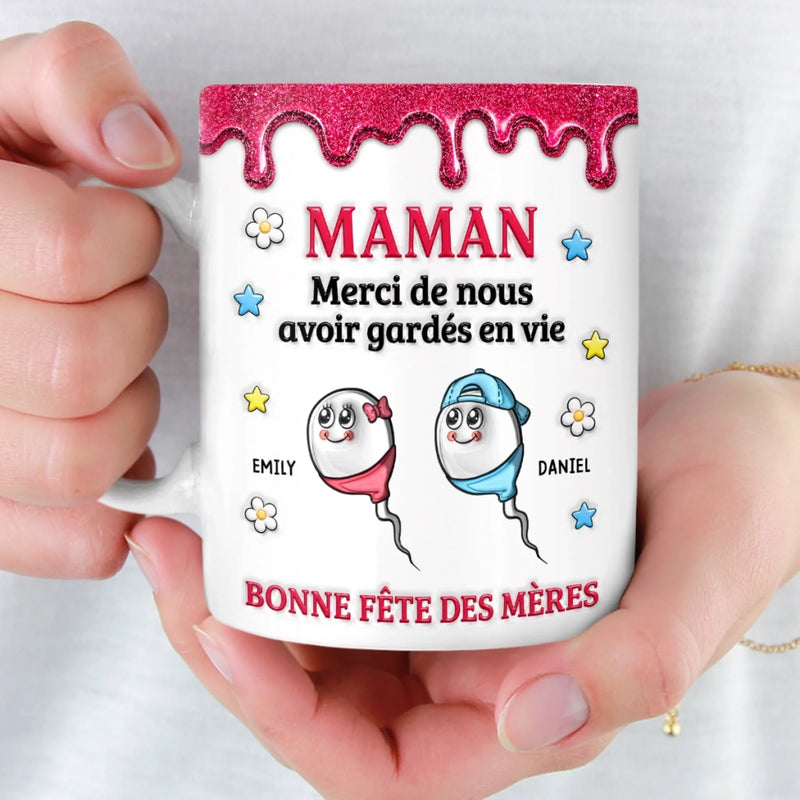Mug Personnalisé à Effet 3D Gonflé – Cadeau Fête des Mères – Cadeau Humoristiques pour Maman – Merci De Nous Avoir Sauvés