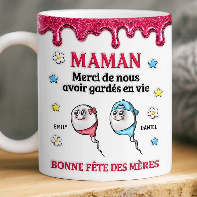 Mug Personnalisé à Effet 3D Gonflé – Cadeau Fête des Mères – Cadeau Humoristiques pour Maman – Merci De Nous Avoir Sauvés