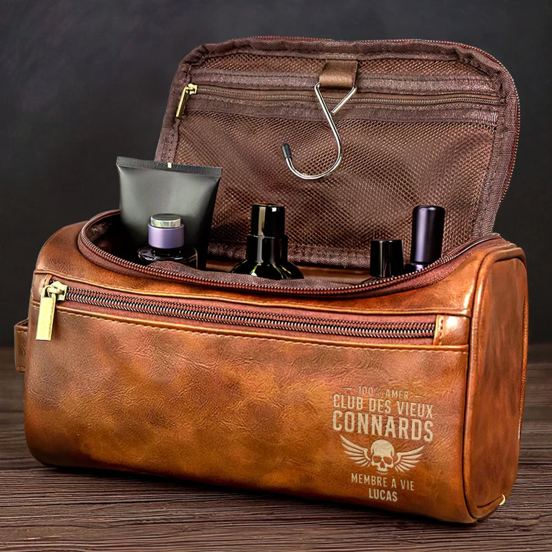 Trousse de toilette en cuir gravée personnalisée – Cadeau Rigolo pour Homme – Membre à vie