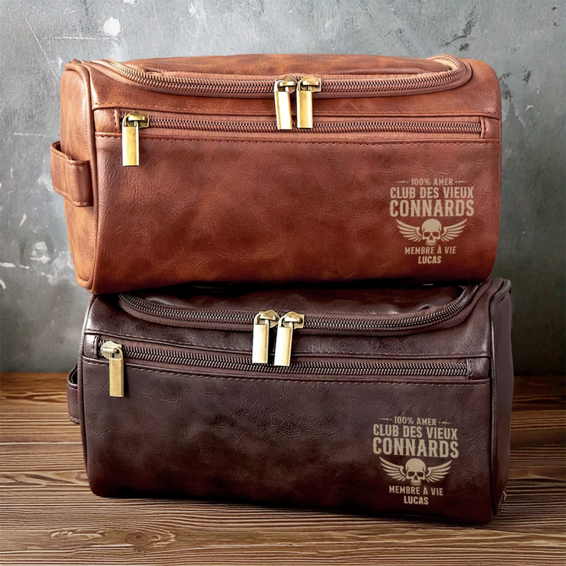 Trousse de toilette en cuir gravée personnalisée – Cadeau Rigolo pour Homme – Membre à vie