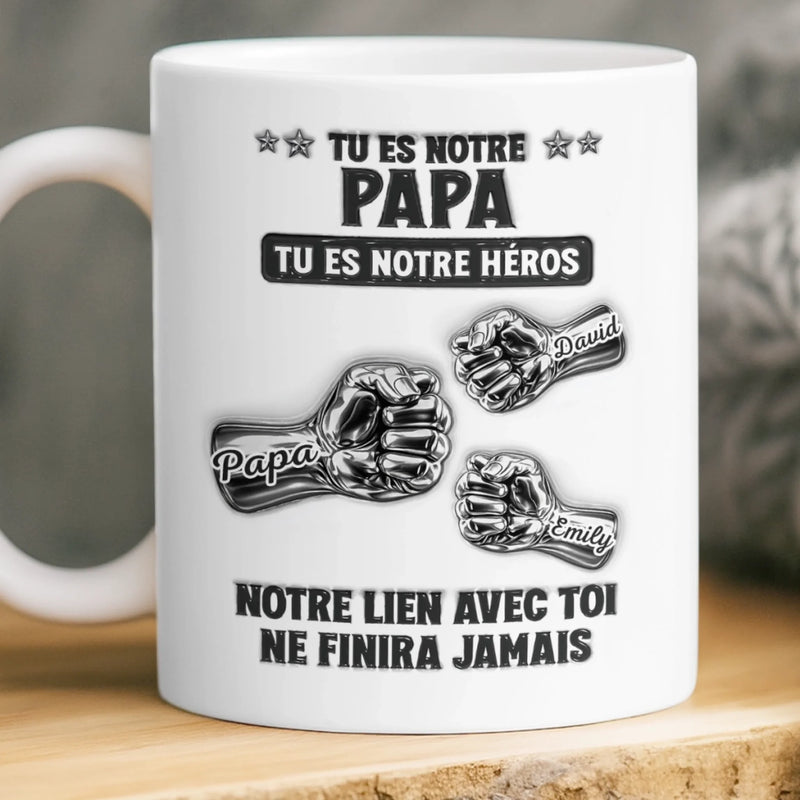 Mug Personnalisé à Effet 3D Gonflé – Cadeau Fête des Pères pour Papa, Papy – Tu Es Notre Héros