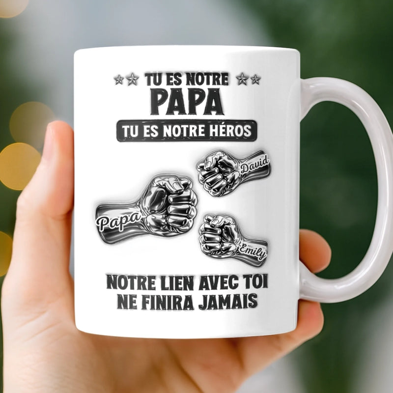 Mug Personnalisé à Effet 3D Gonflé – Cadeau Fête des Pères pour Papa, Papy – Tu Es Notre Héros