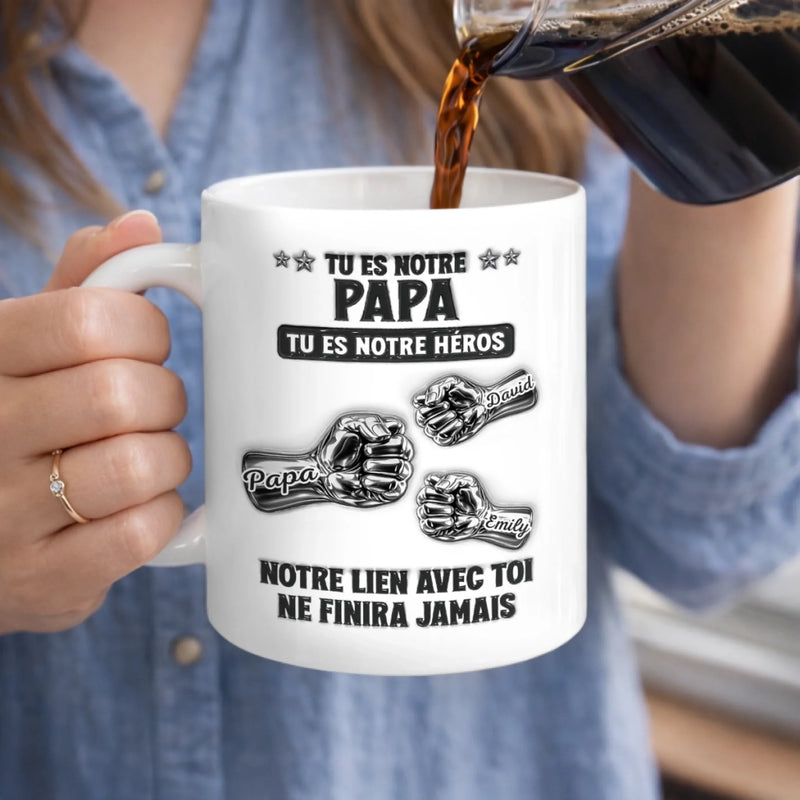 Mug Personnalisé à Effet 3D Gonflé – Cadeau Fête des Pères pour Papa, Papy – Tu Es Notre Héros