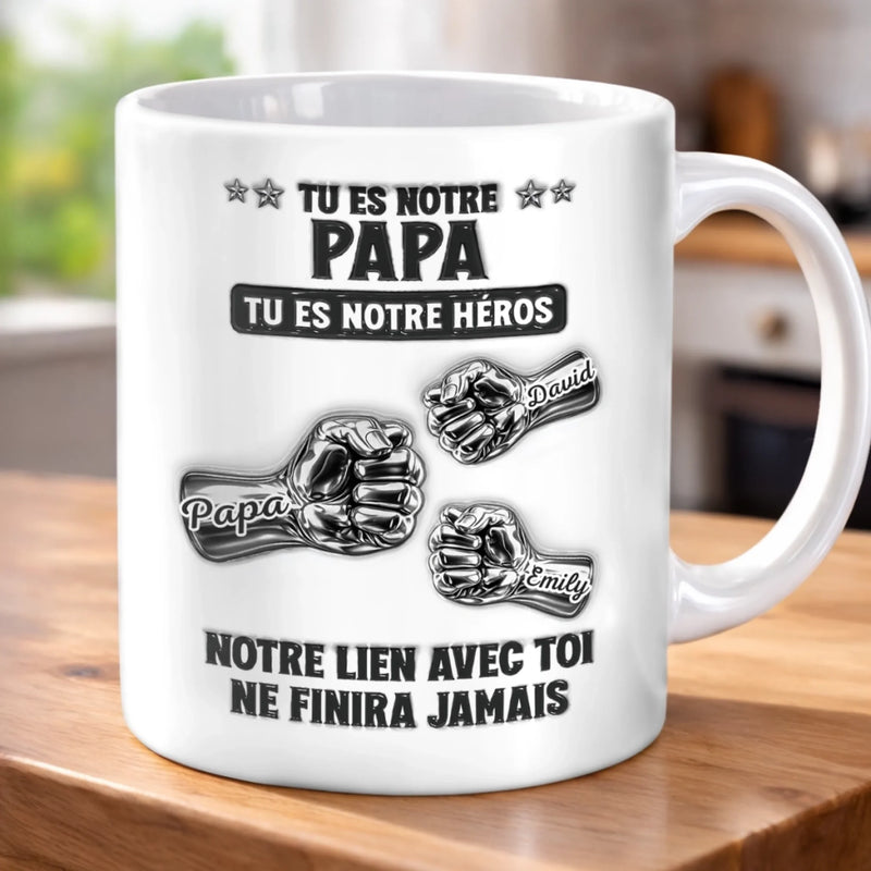 Mug Personnalisé à Effet 3D Gonflé – Cadeau Fête des Pères pour Papa, Papy – Tu Es Notre Héros