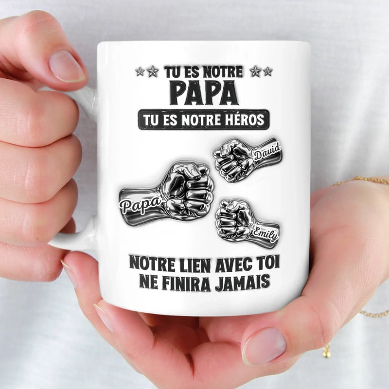 Mug Personnalisé à Effet 3D Gonflé – Cadeau Fête des Pères pour Papa, Papy – Tu Es Notre Héros