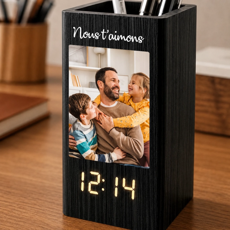 Pot à Crayons Personnalisé avec Horloge et Photo – Cadeau pour Papa – Papa Rend la Vie Extraordinaire