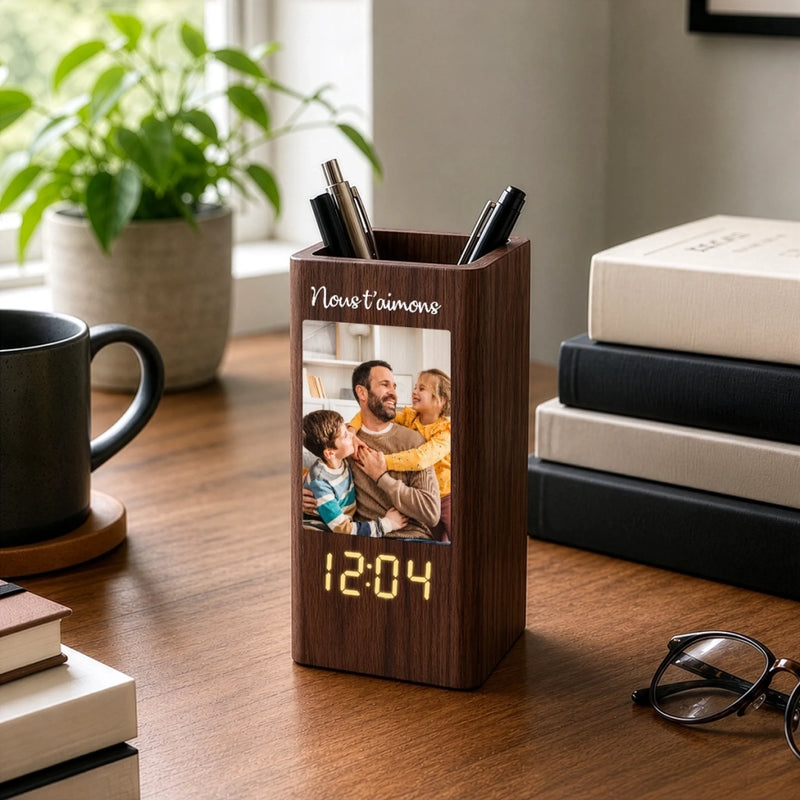 Pot à Crayons Personnalisé avec Horloge et Photo – Cadeau pour Papa – Papa Rend la Vie Extraordinaire