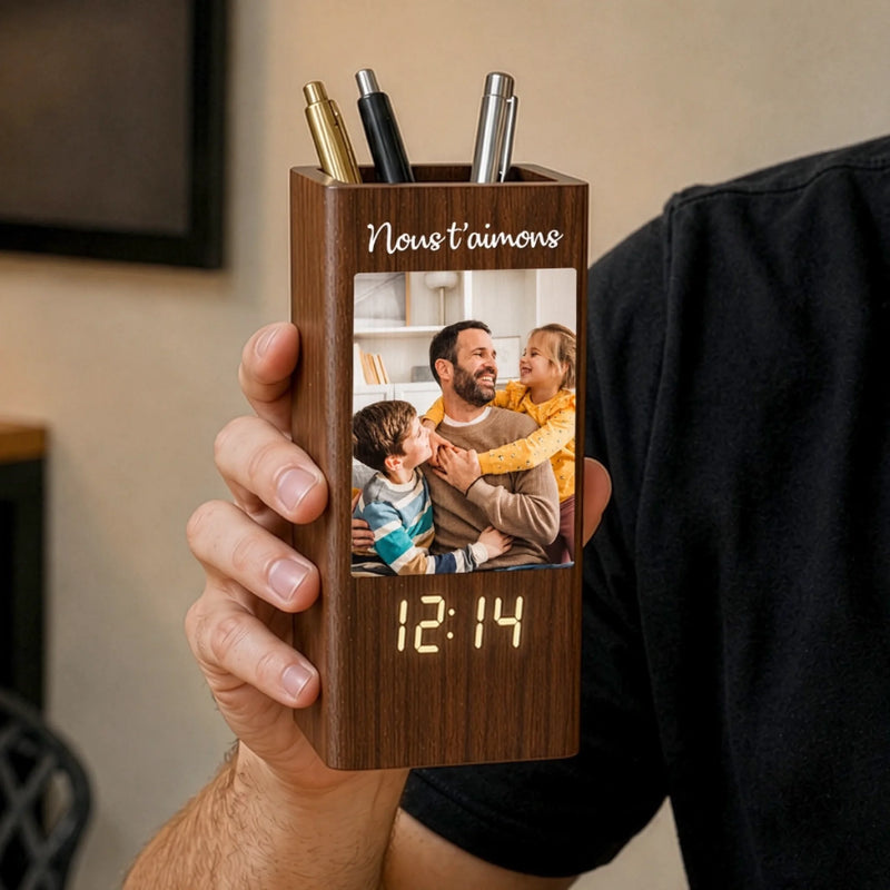 Pot à Crayons Personnalisé avec Horloge et Photo – Cadeau pour Papa – Papa Rend la Vie Extraordinaire