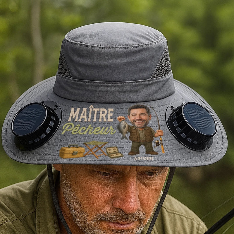 Chapeau Solaire avec Ventilateurs Personnalisé – Cadeau pour Pêcheur, Papa, Papy – Maître pêcheur