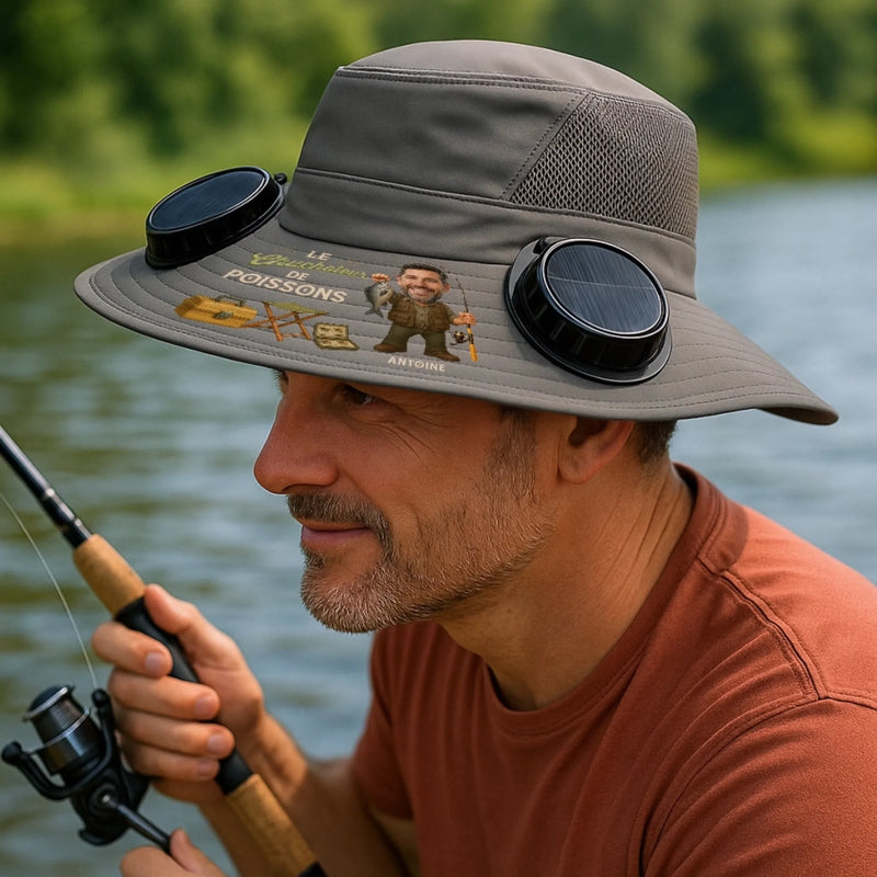 Chapeau Solaire avec Ventilateurs Personnalisé – Cadeau pour Pêcheur, Papa, Papy – Maître pêcheur